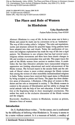 The Place and Role of Women in Hinduism Usha Bambawale • Padam Pallavi Society, Pune 411016