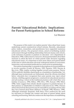 Implications for Parent Participation in School Reforms Lee Shumow