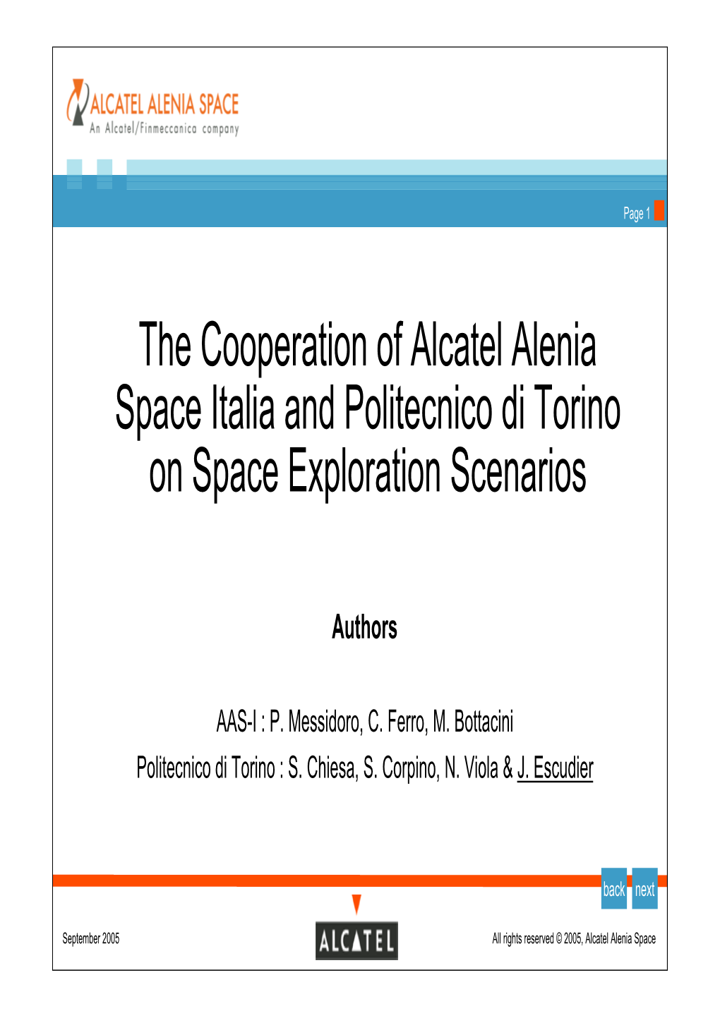 The Cooperation of Alcatel Alenia Space Italia and Politecnico Di Torino on Space Exploration Scenarios