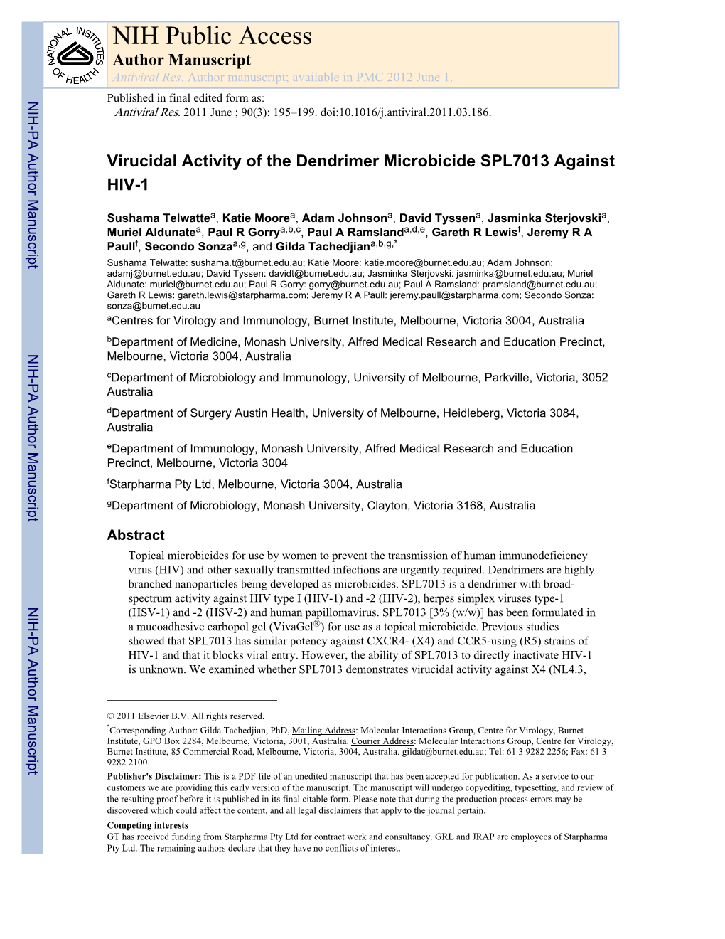 NIH Public Access Author Manuscript Antiviral Res