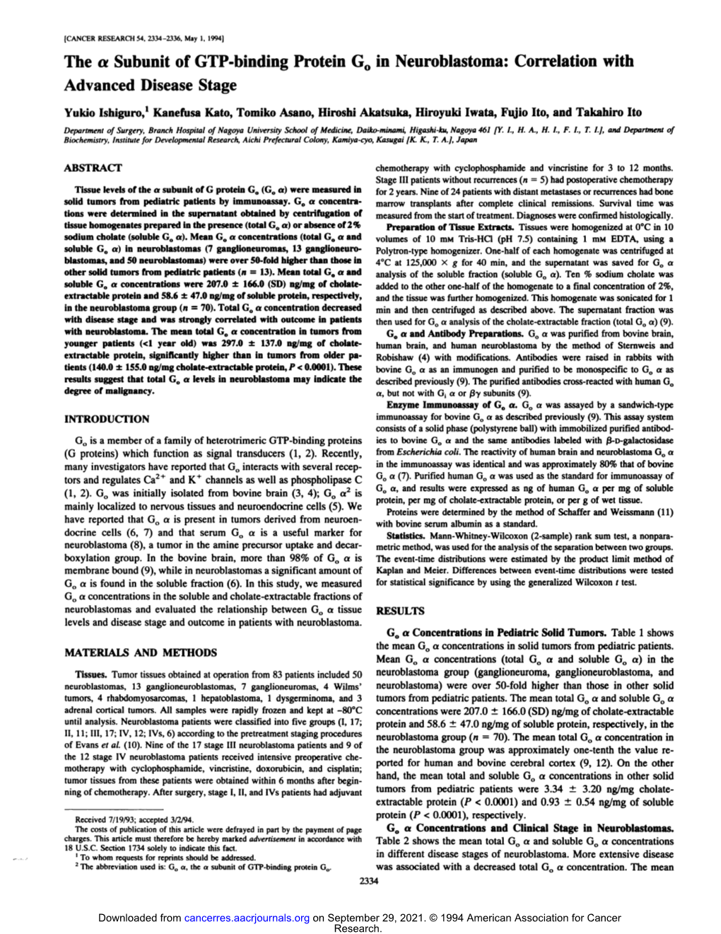 The a Subunit of GTP-Binding Protein G0 in Neuroblastoma: Correlation with Advanced Disease Stage