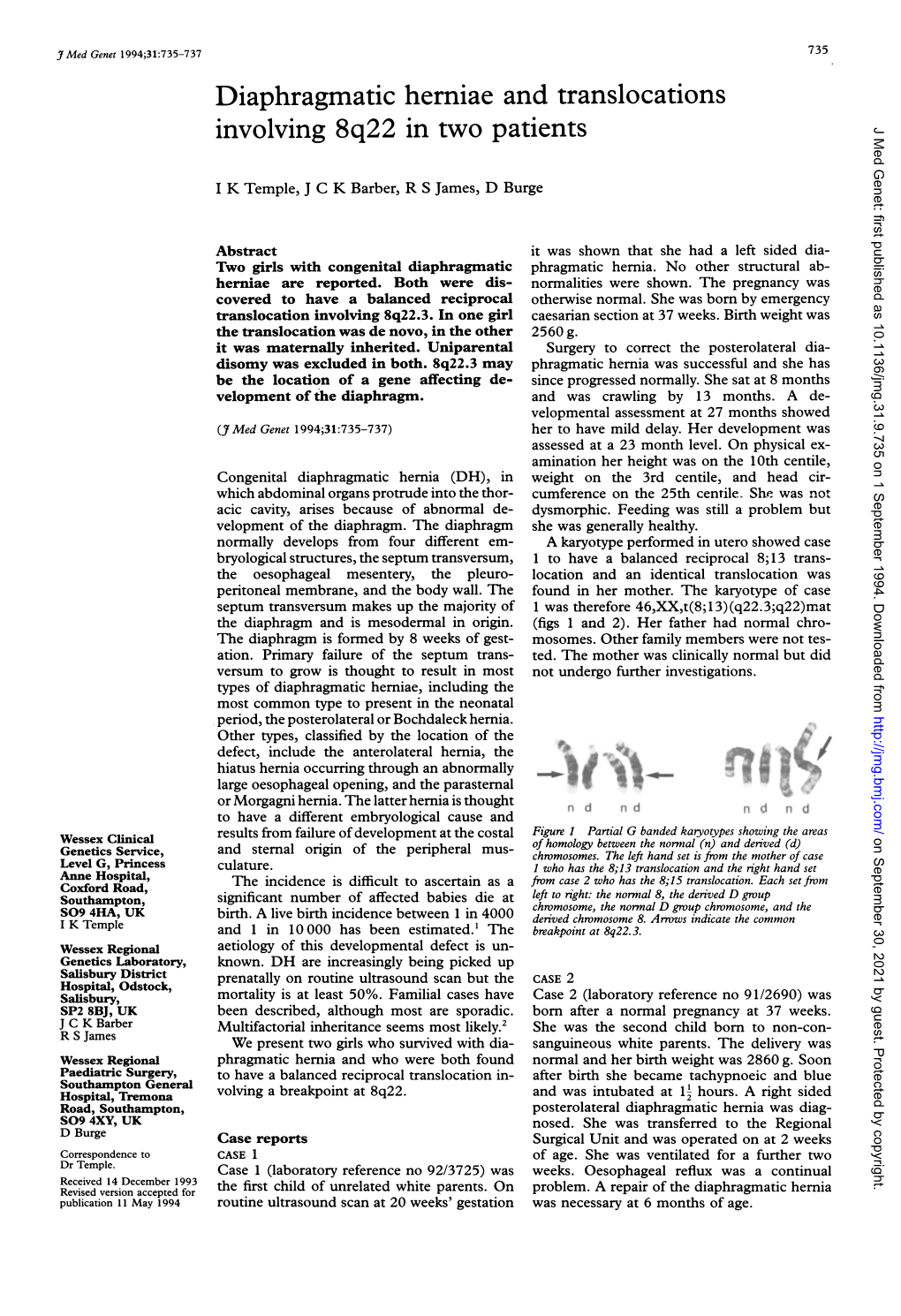 Diaphragmatic Herniaeand Translocations Involving 8Q22 in Two