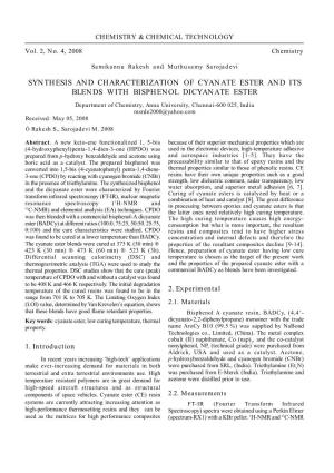 Synthesis and Characterization of Cyanate Ester and Its Blends With