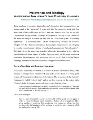 Irrelevance and Ideology: a Comment on Tony Lawson's Book Reorienting Economics