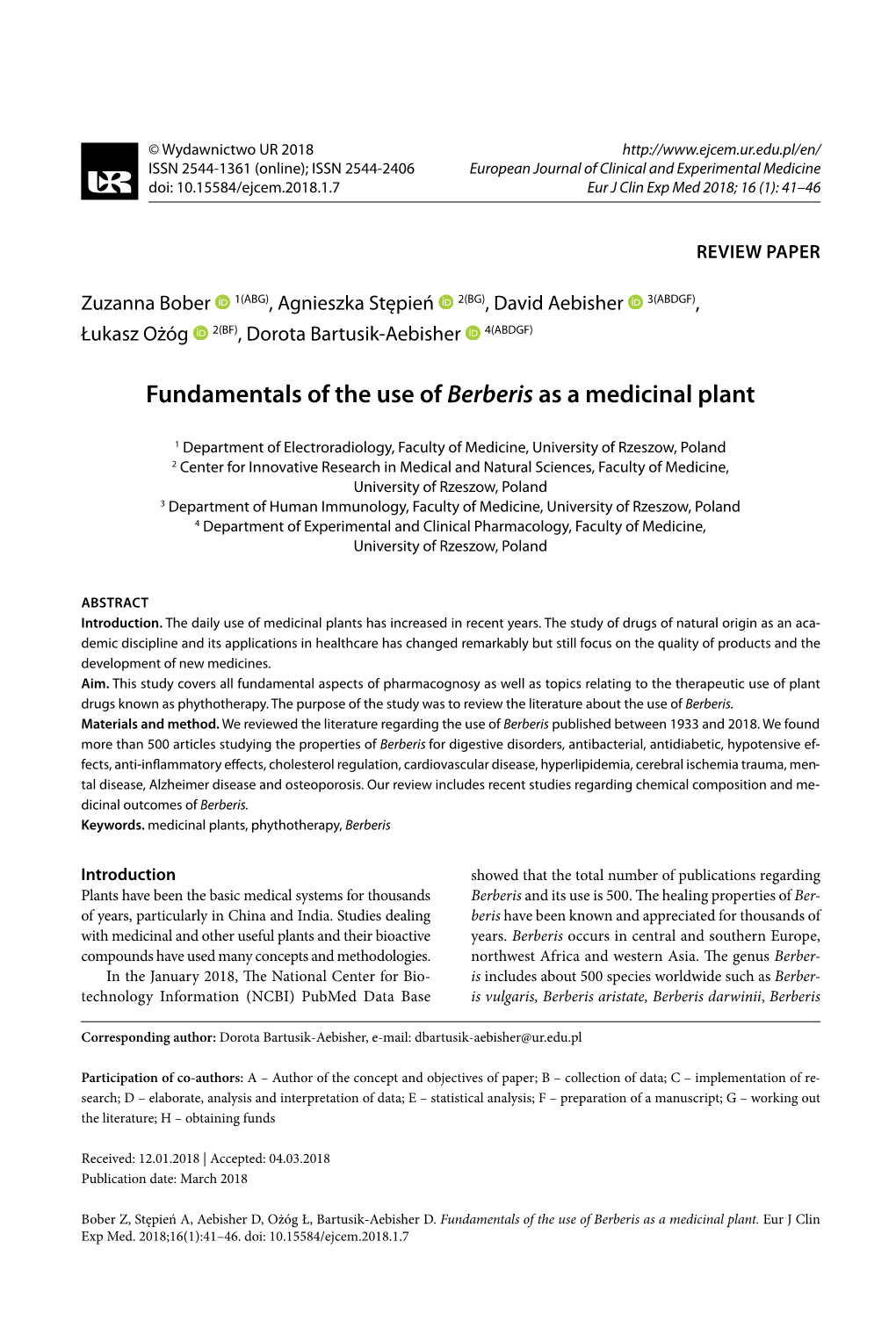 Fundamentals of the Use of Berberis As a Medicinal Plant 41