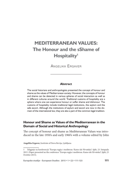 MEDITERRANEAN VALUES: the Honour and the Sshame of Hospitality1