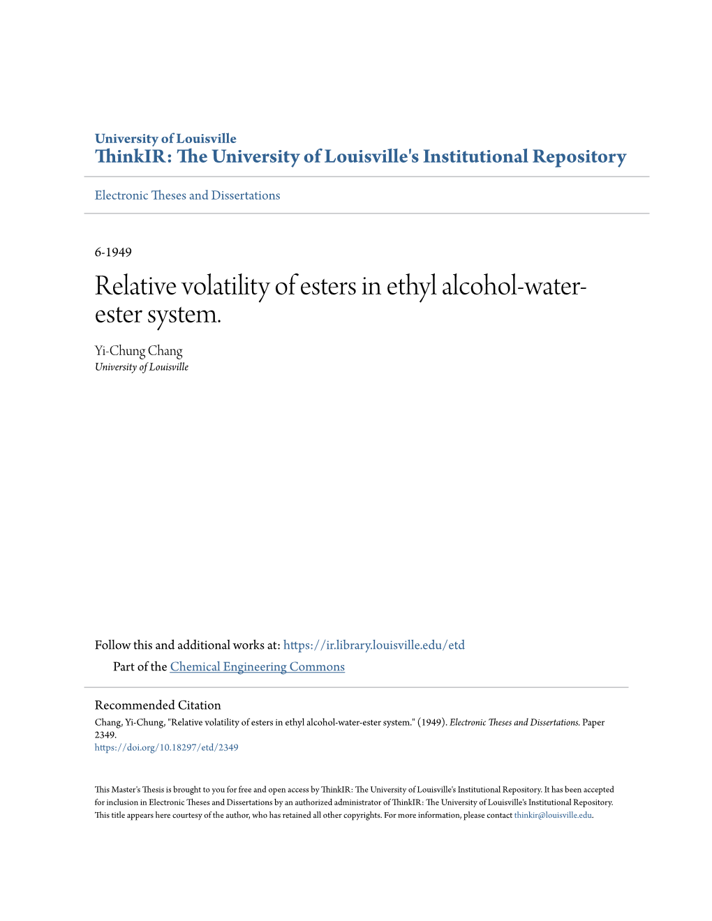 Relative Volatility of Esters in Ethyl Alcohol-Water-Ester System.