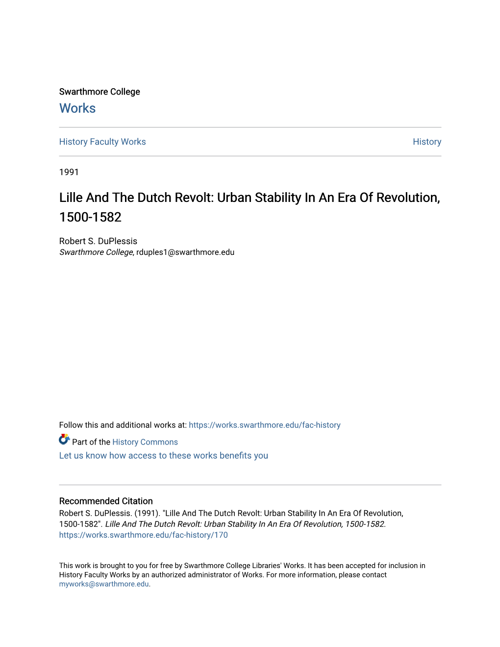 Lille and the Dutch Revolt: Urban Stability in an Era of Revolution, 1500-1582