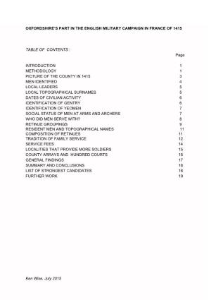 OXFORDSHIRE's PART in the ENGLISH MILITARY CAMPAIGN in FRANCE of 1415 TABLE of CONTENTS ​: Page INTRODU