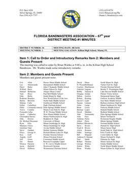 FLORIDA BANDMASTERS ASSOCIATION – 67Th Year DISTRICT MEETING #1 MINUTES