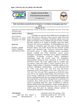 Role of Predatory Ground Beetles (Coleoptera : Carabidae) in Managing Sugar Beet Pests Hassan, H. M. Article History Received:1