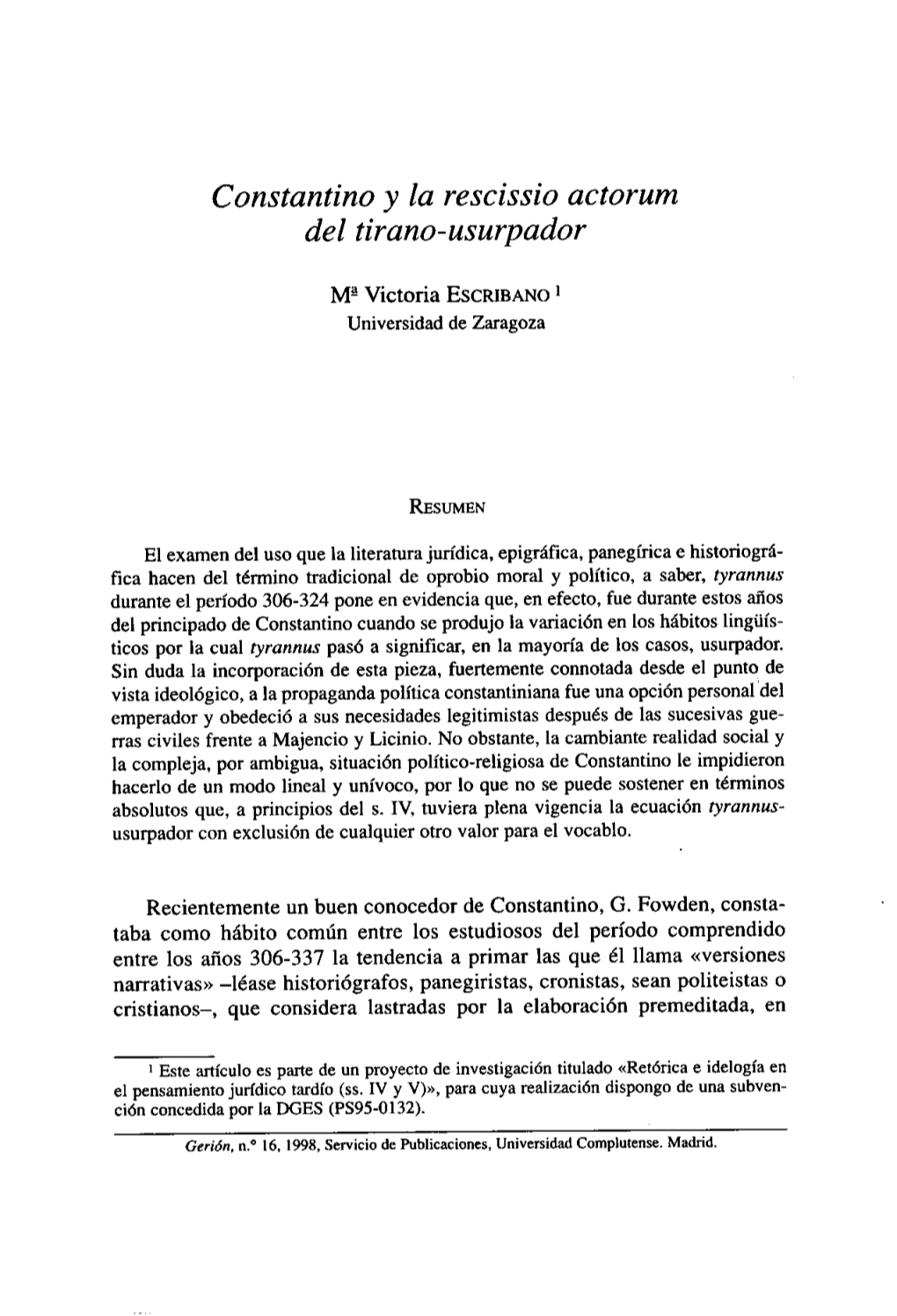 Constantino Y La Rescissio Actorum Del Tirano-Usurpador