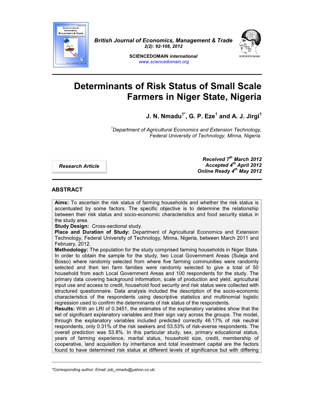 Determinants of Risk Status of Small Scale Farmers in Niger State, Nigeria