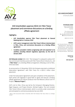 AVZ Shareholders Approve A$14.1M Yibin Tianyi Placement And