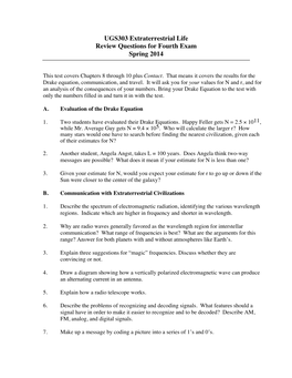 UGS303 Extraterrestrial Life Review Questions for Fourth Exam Spring 2014