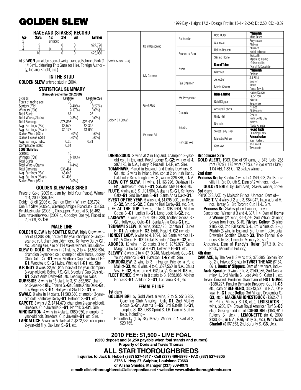 GOLDEN SLEW 1999 Bay - Height 17.2 - Dosage Profile: 13-1-12-2-0; DI: 2.50; CD: +0.89