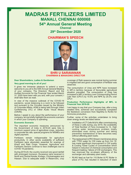 MANALI, CHENNAI 600068 54Th Annual General Meeting Chennai 29Th December 2020 CHAIRMAN’S SPEECH