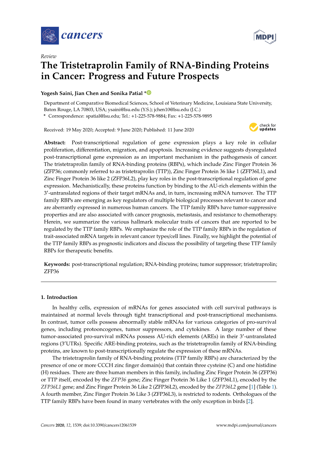 The Tristetraprolin Family of RNA-Binding Proteins in Cancer: Progress and Future Prospects