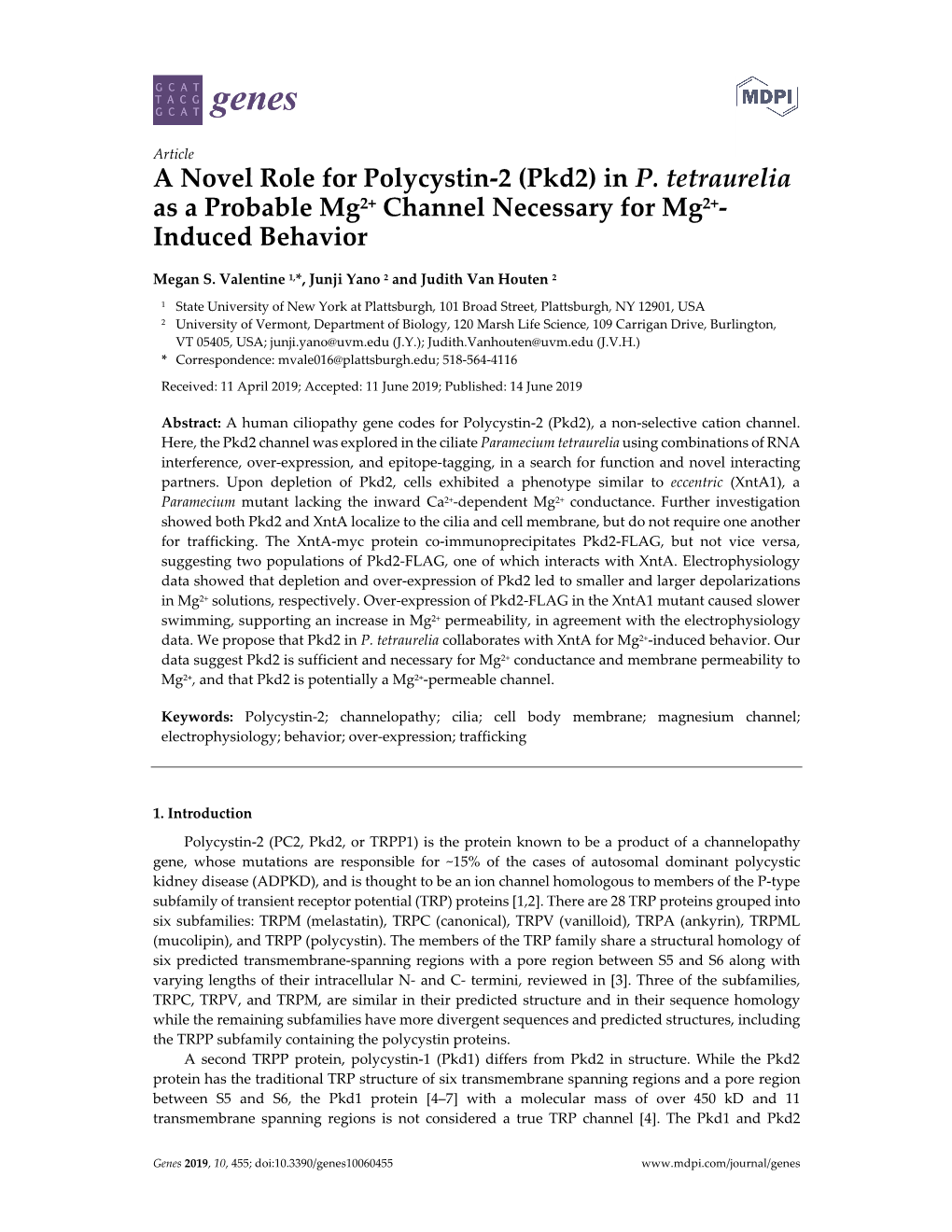 A Novel Role for Polycystin-2 (Pkd2) in P. Tetraurelia As a Probable Mg2+ Channel Necessary for Mg2+- Induced Behavior