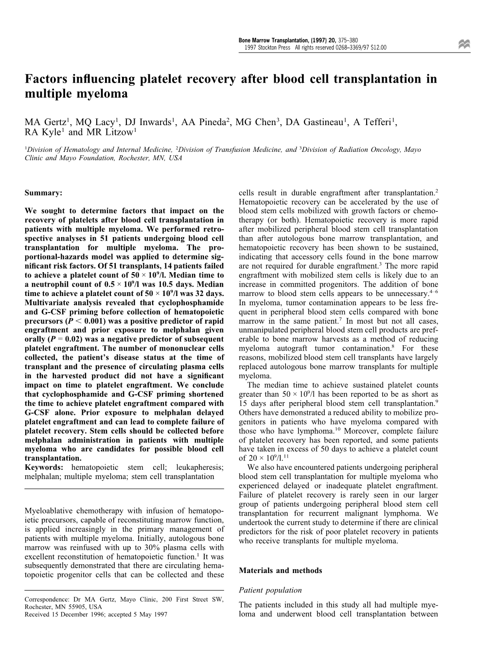 Factors Influencing Platelet Recovery After Blood Cell Transplantation in Multiple Myeloma