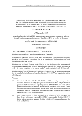 Commission Decision of 7 September 2007 Amending Decision 2006/415