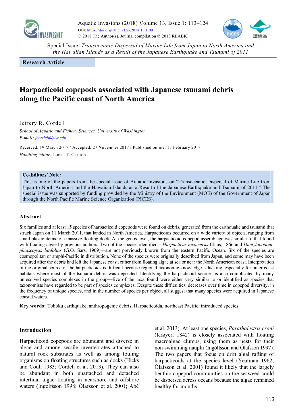 Harpacticoid Copepods Associated with Japanese Tsunami Debris Along the Pacific Coast of North America