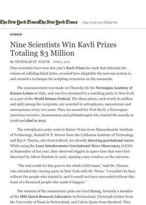 Nine Scientists Win Kavli Prizes Totaling $3 Million