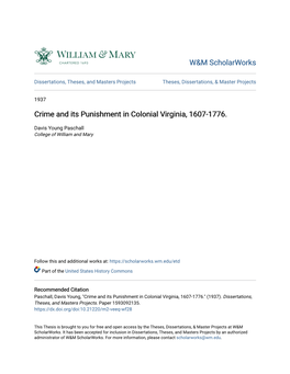 Crime and Its Punishment in Colonial Virginia, 1607-1776