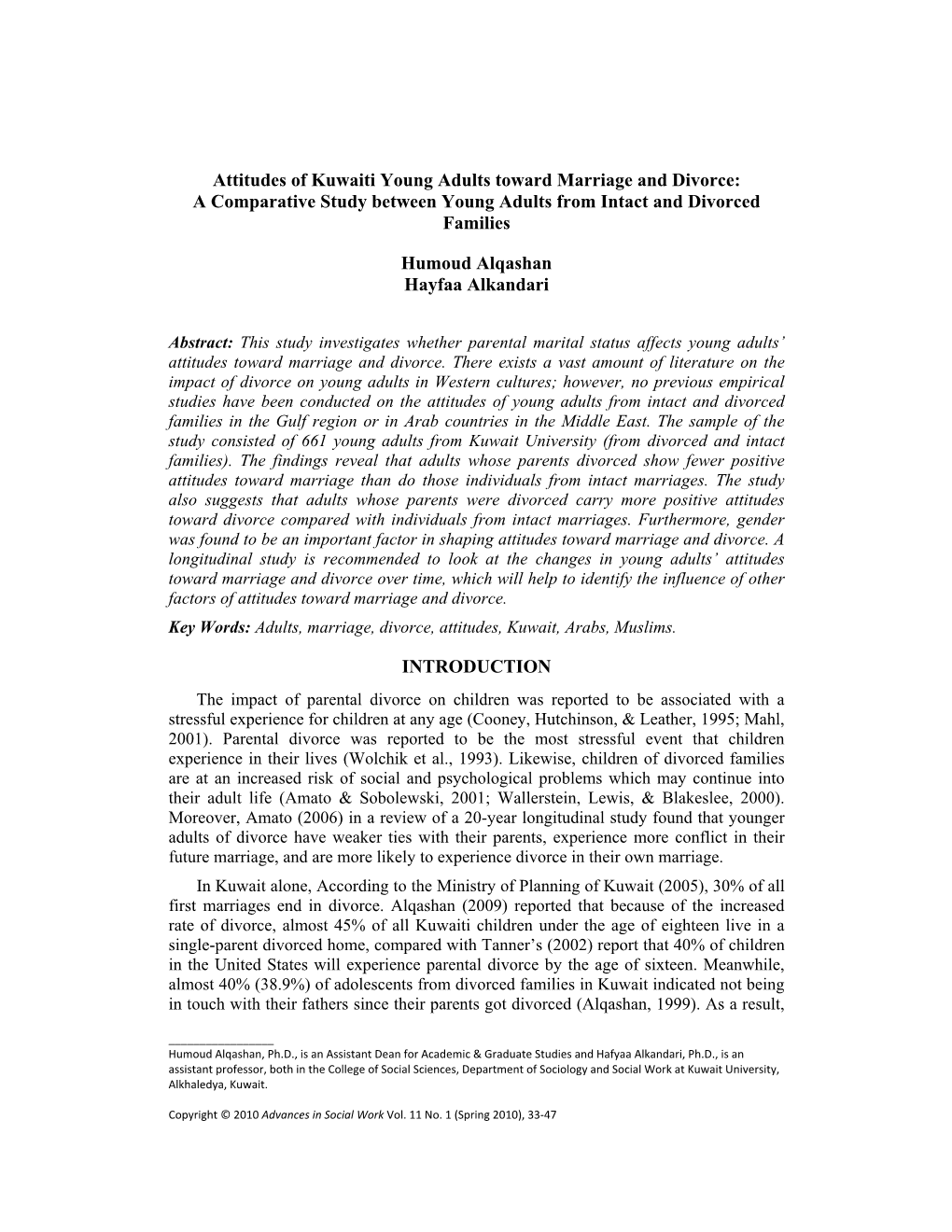 Attitudes of Kuwaiti Young Adults Toward Marriage and Divorce: a Comparative Study Between Young Adults from Intact and Divorced Families