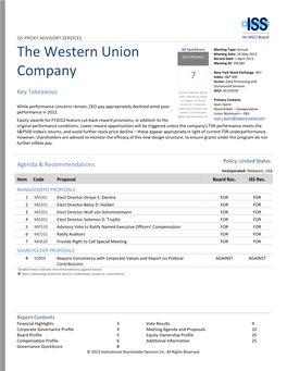 The Western Union Company (WU) Meeting Date: 30 May 2013 POLICY: United States Meeting ID: 795284