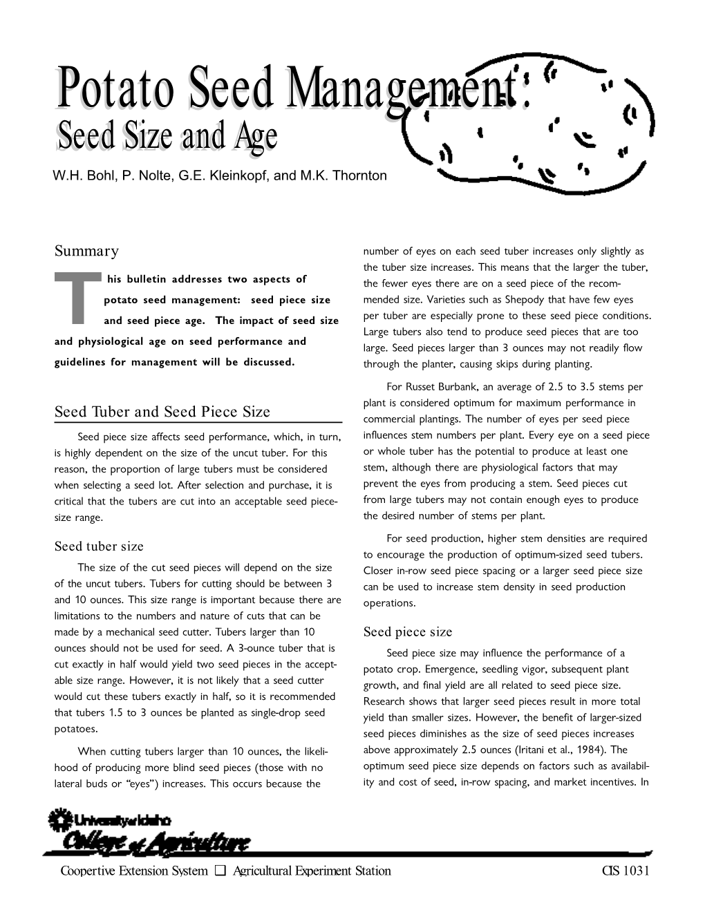 Potato Seed Management: Seed Size And