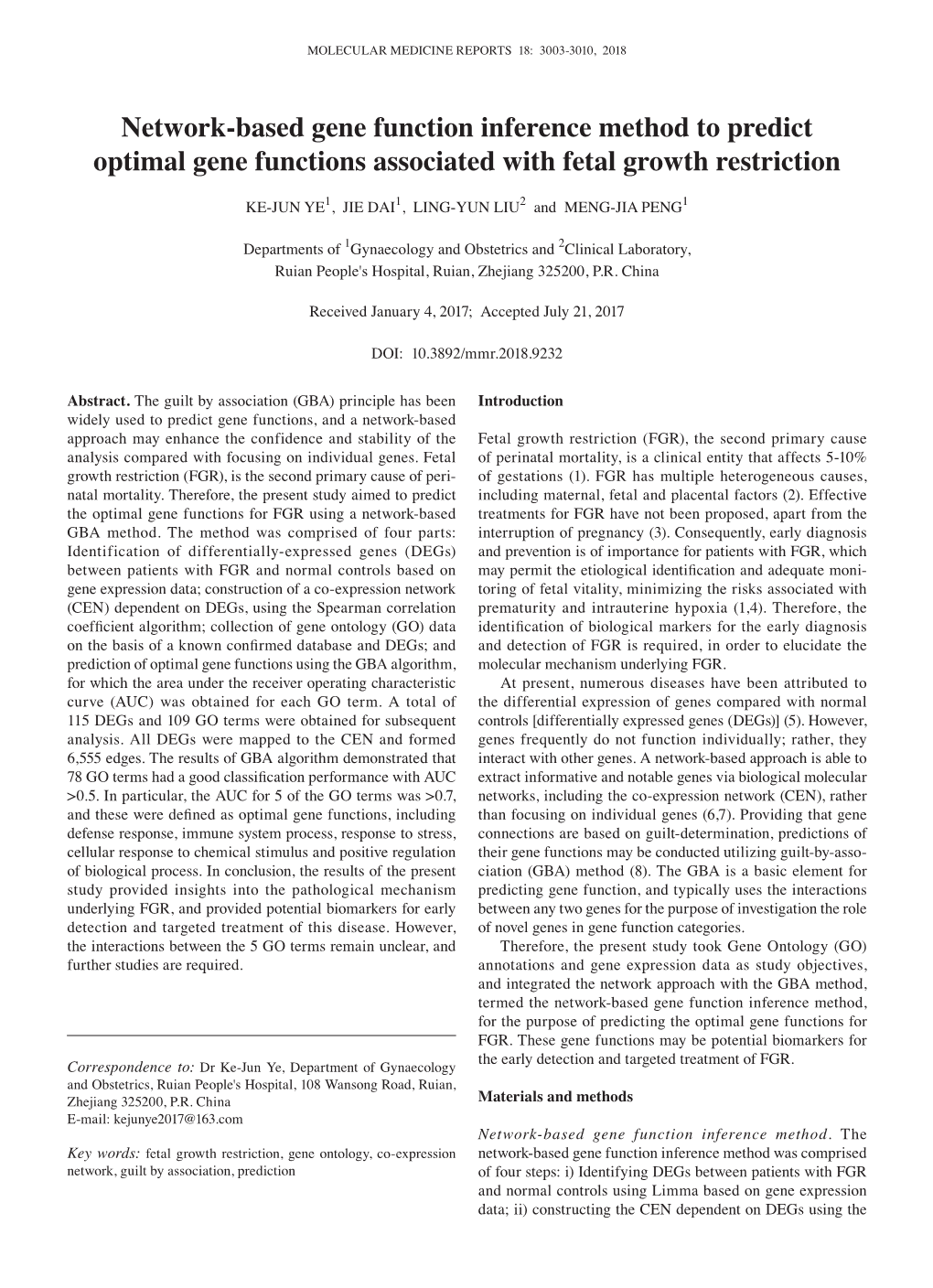 Network‑Based Gene Function Inference Method to Predict Optimal Gene Functions Associated with Fetal Growth Restriction