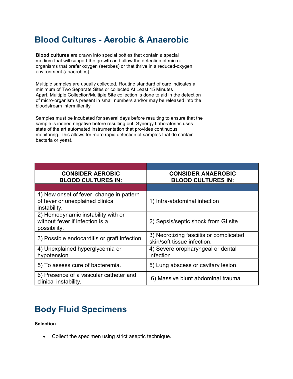 Blood Cultures - Aerobic & Anaerobic