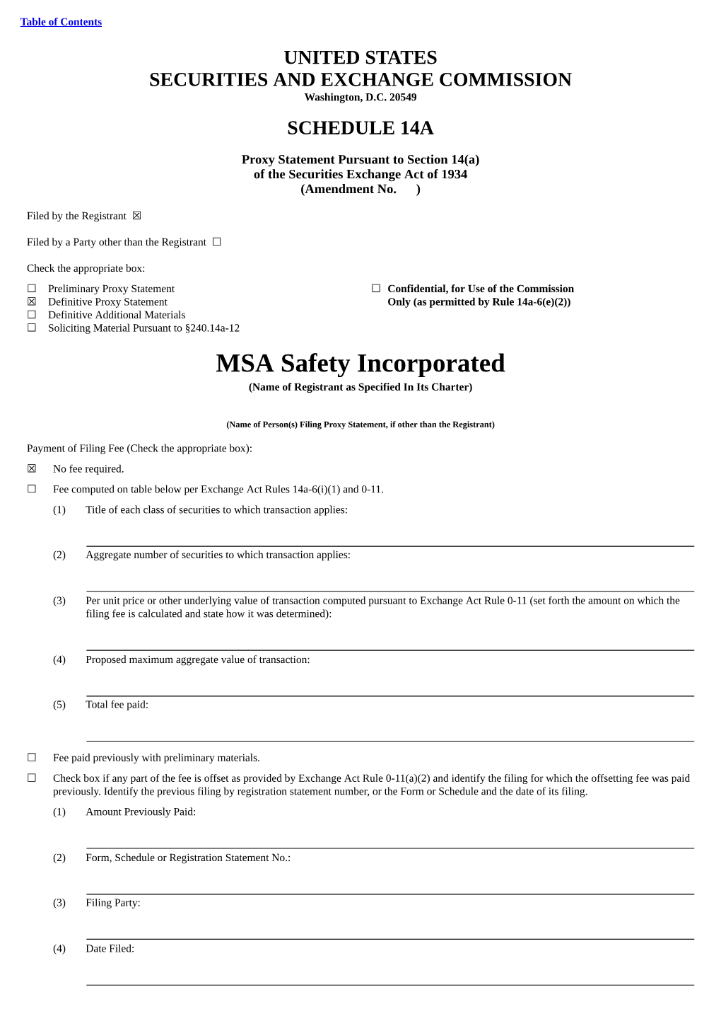 MSA Safety Incorporated (Name of Registrant As Specified in Its Charter)