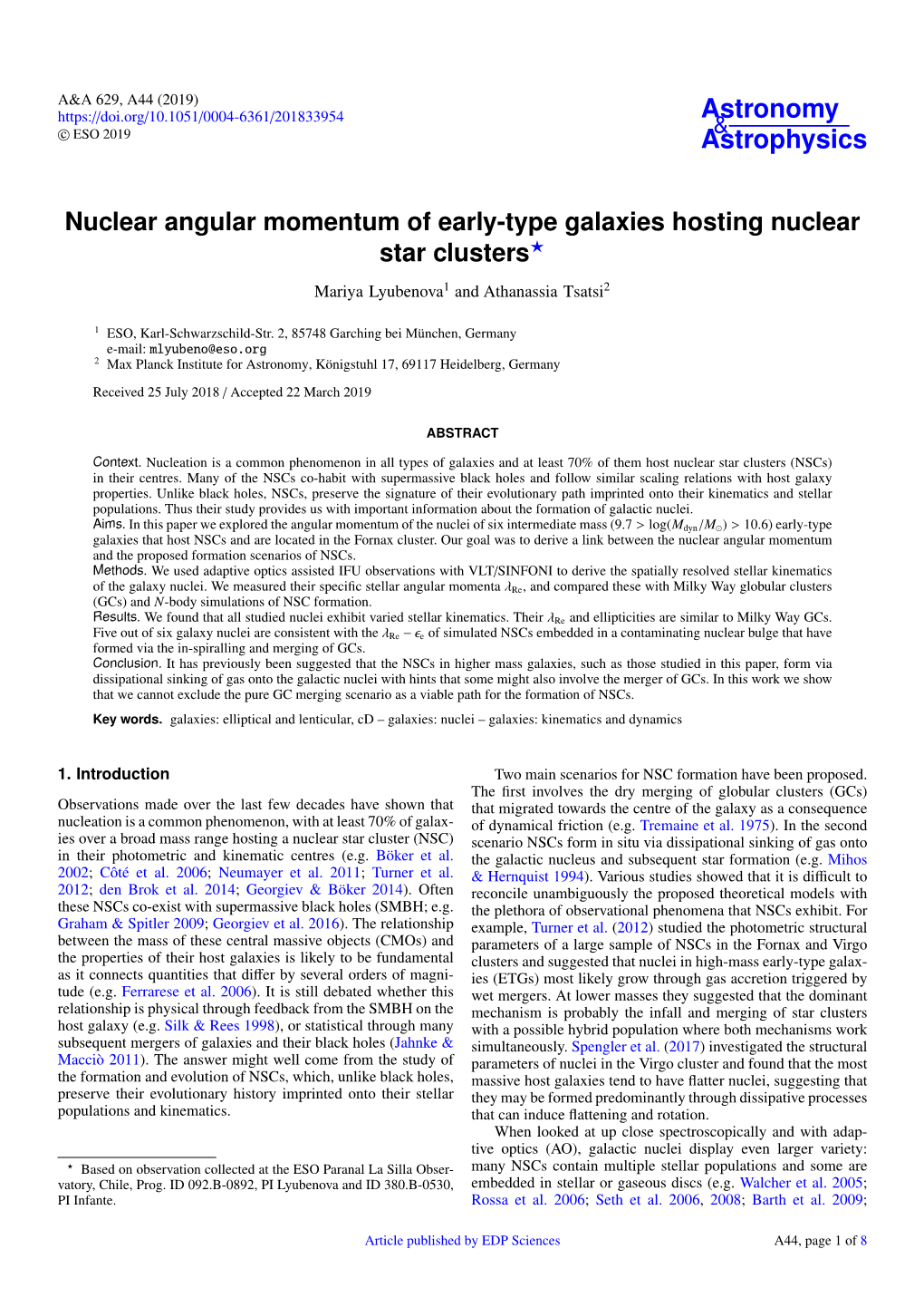 Nuclear Angular Momentum of Early-Type Galaxies Hosting Nuclear Star Clusters? Mariya Lyubenova1 and Athanassia Tsatsi2