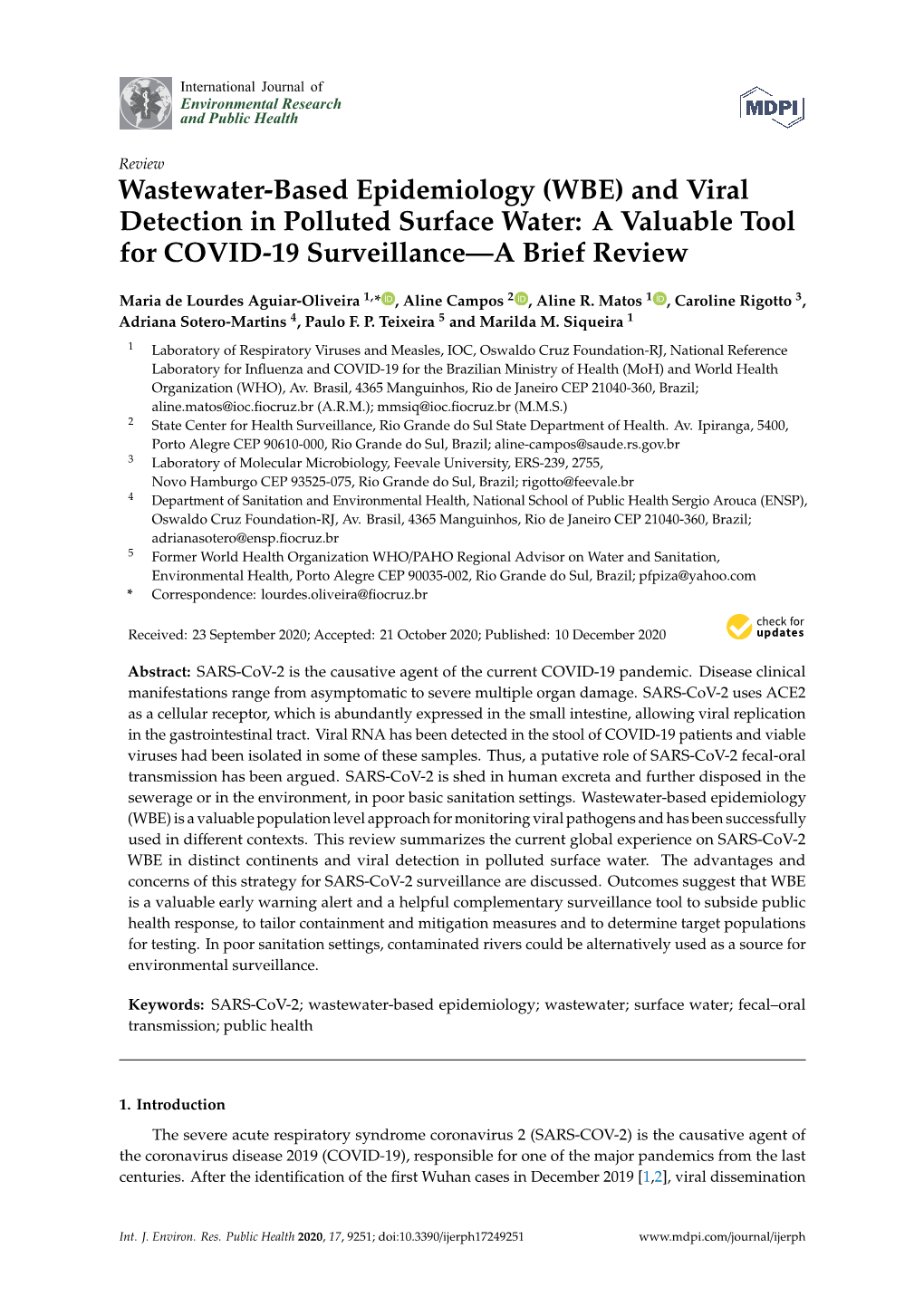 Wastewater-Based Epidemiology (WBE) and Viral Detection in Polluted Surface Water: a Valuable Tool for COVID-19 Surveillance—A Brief Review