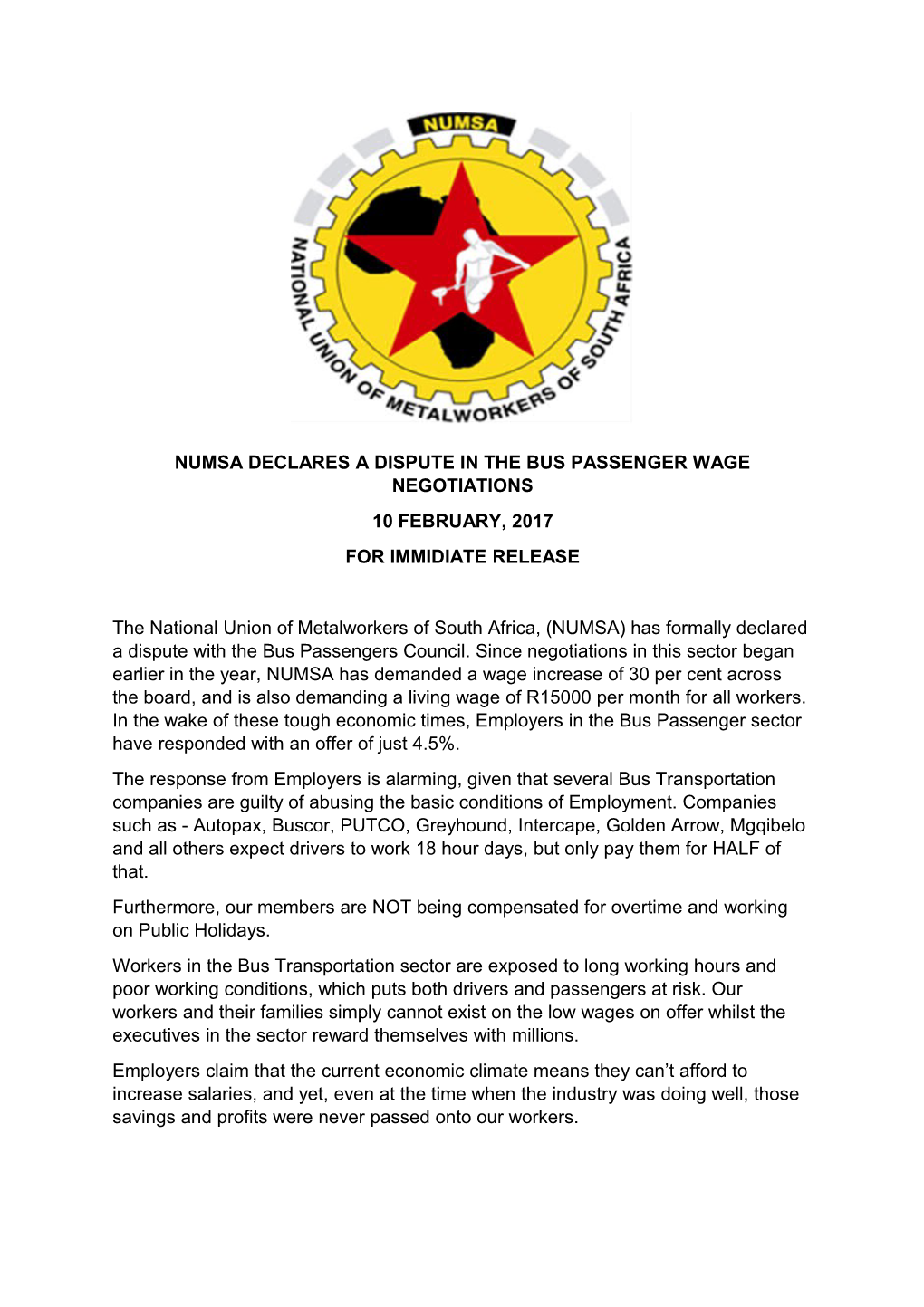 Numsa Declares a Dispute in the Bus Passenger Wage Negotiations