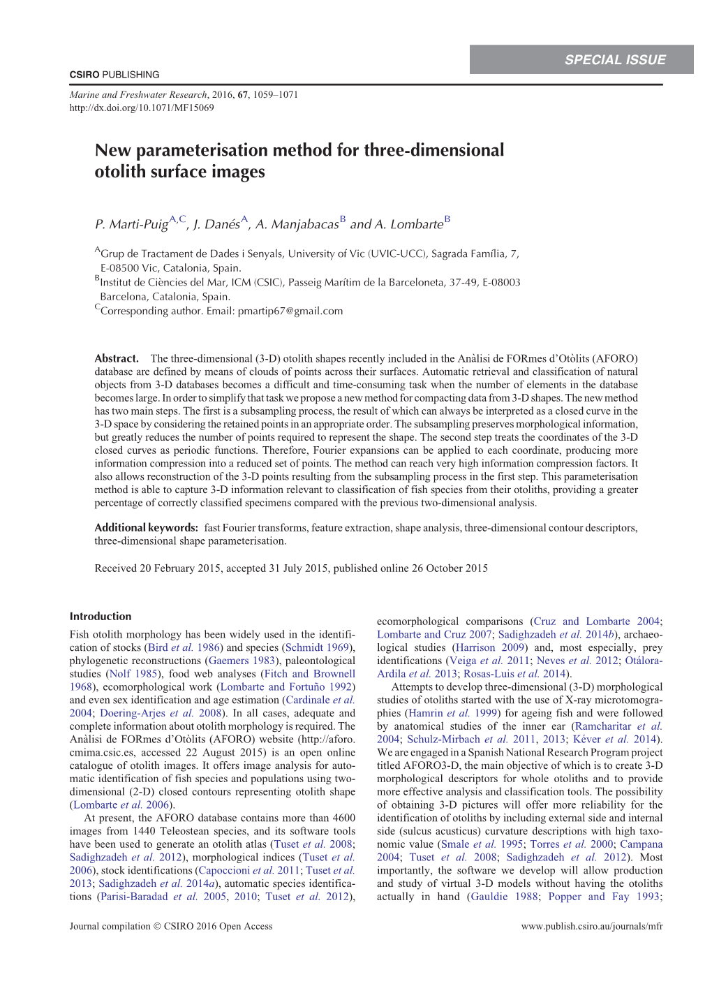 New Parameterisation Method for Three-Dimensional Otolith Surface Images