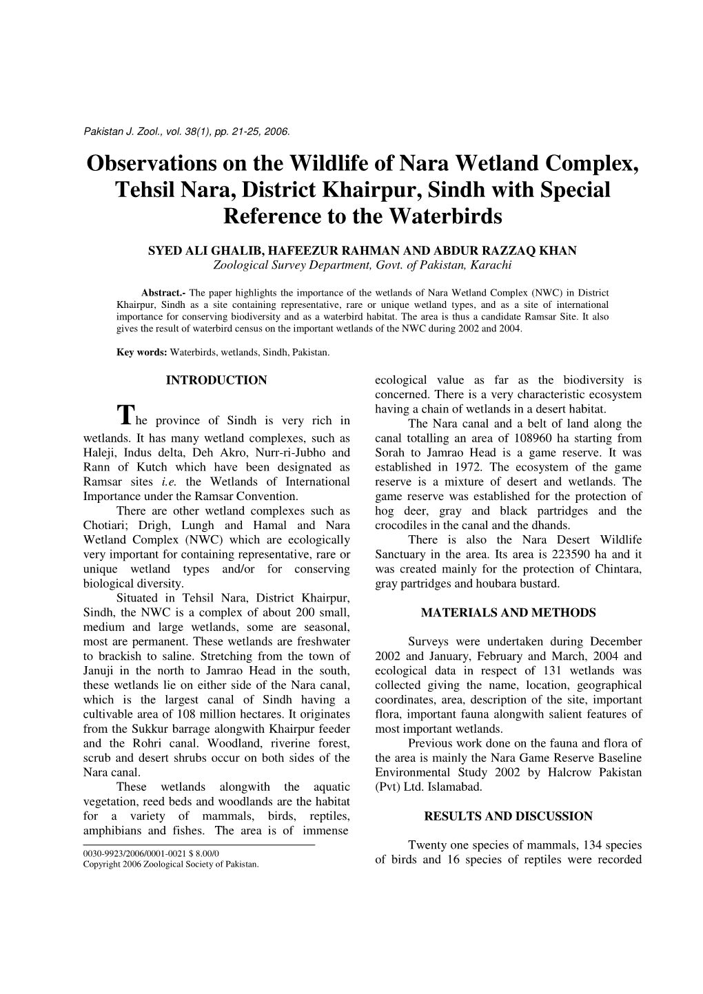 Observations on the Wildlife of Nara Wetland Complex, Tehsil Nara, District Khairpur, Sindh with Special Reference to the Waterbirds