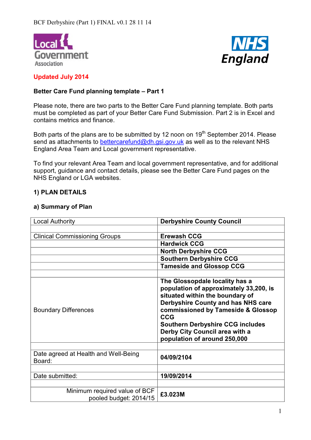 Derbyshire Better Care Fund Plan 2015 to 2016