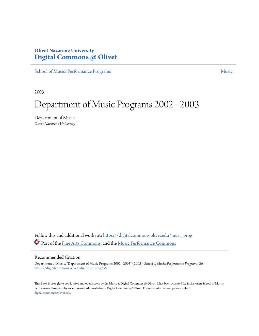 Department of Music Programs 2002 - 2003 Department of Music Olivet Nazarene University