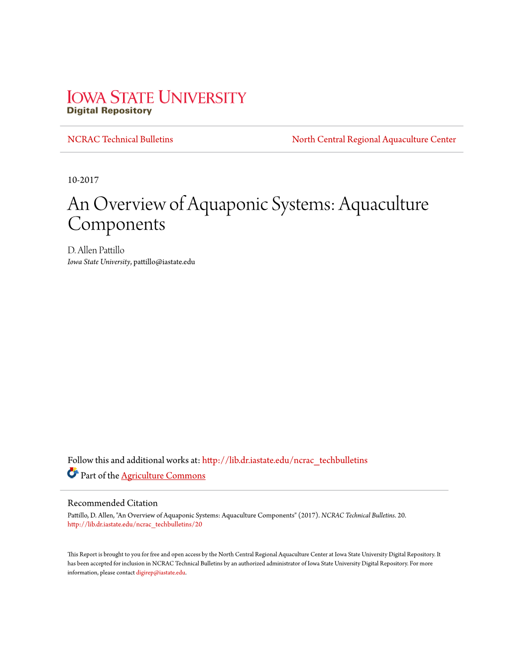 An Overview of Aquaponic Systems: Aquaculture Components D