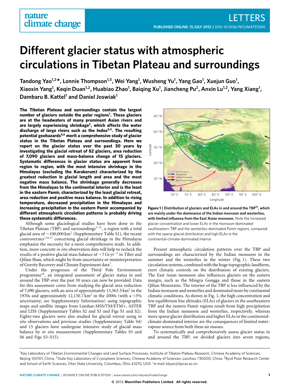 Different Glacier Status with Atmospheric Circulations in Tibetan Plateau and Surroundings