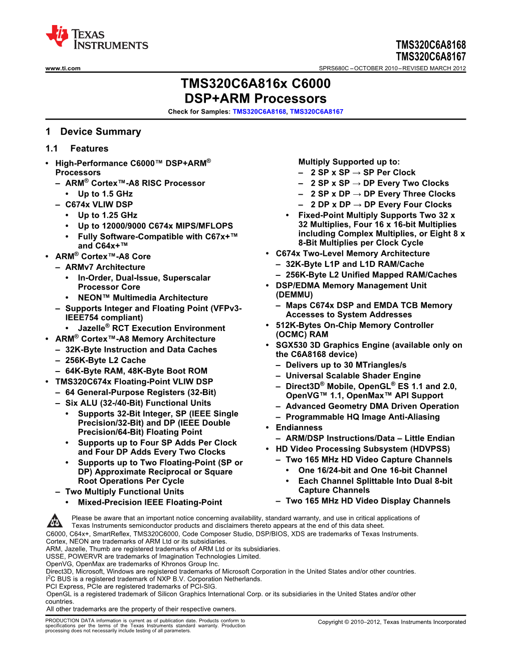 Tms320c6a8168, Tms320c6a8167 C6000 Dsp+Arm