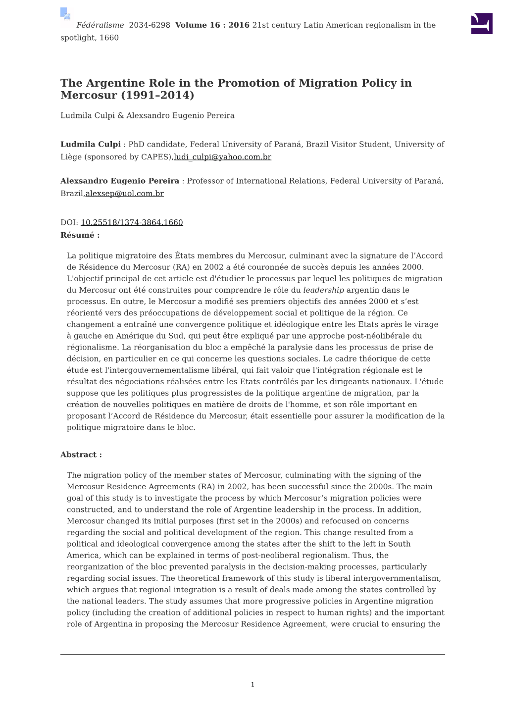 The Argentine Role in the Promotion of Migration Policy in Mercosur (1991–2014)