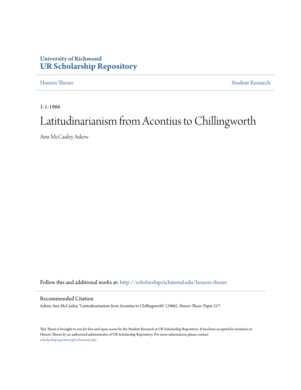 Latitudinarianism from Acontius to Chillingworth Ann Mccauley Askew