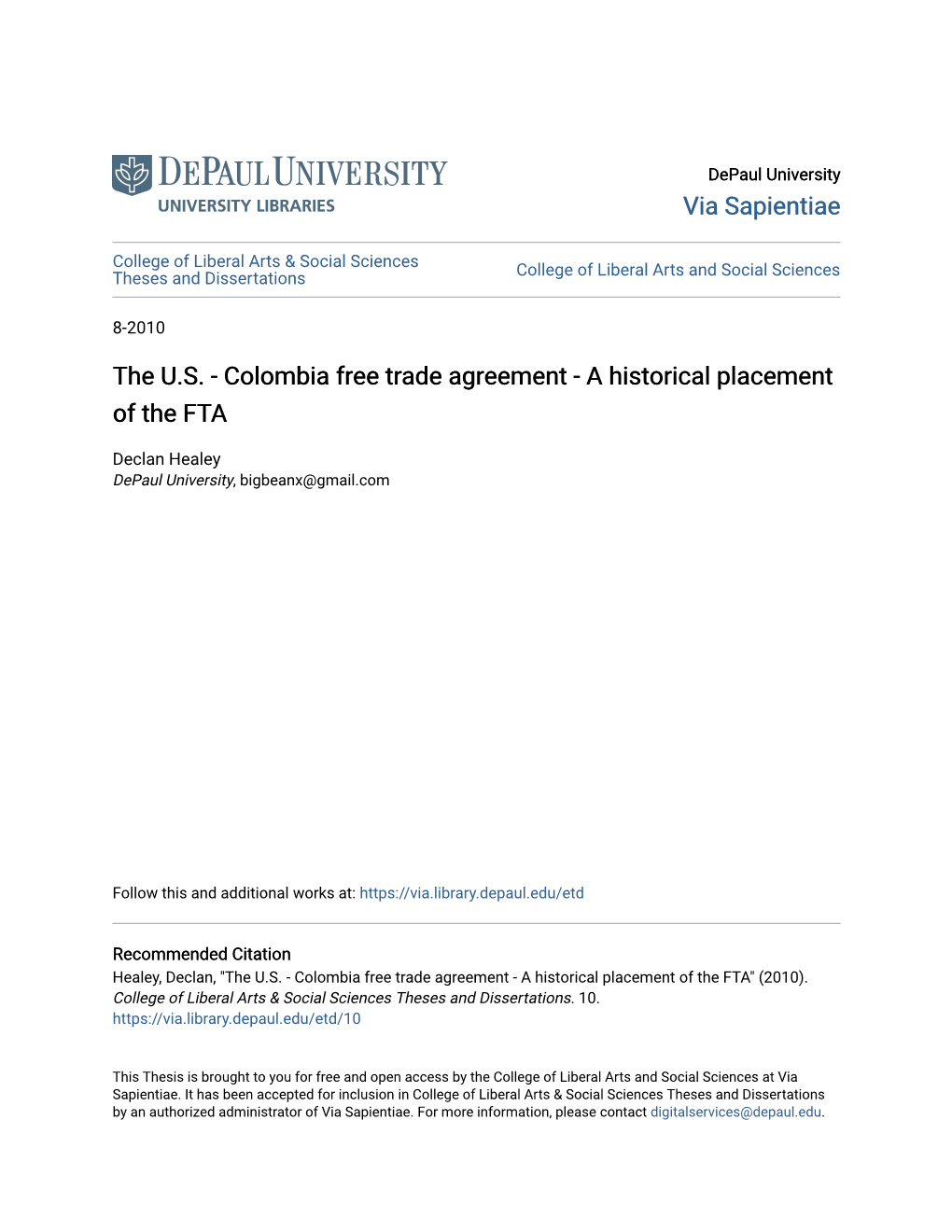 Colombia Free Trade Agreement - a Historical Placement of the FTA