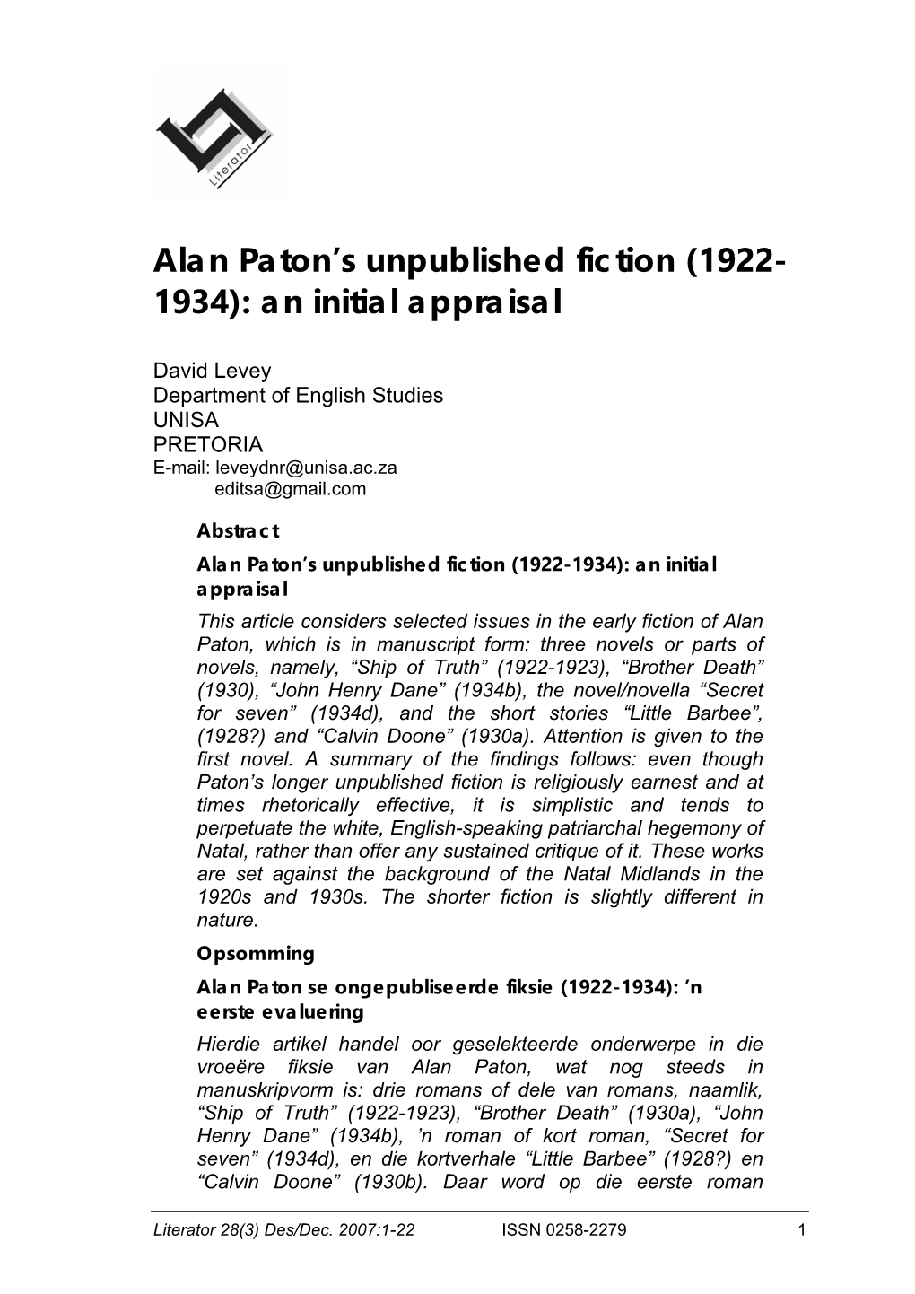 Alan Paton's Unpublished Fiction (1922- 1934): an Initial Appraisal