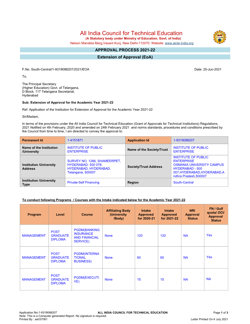 All India Council for Technical Education (A Statutory Body Under Ministry of Education, Govt