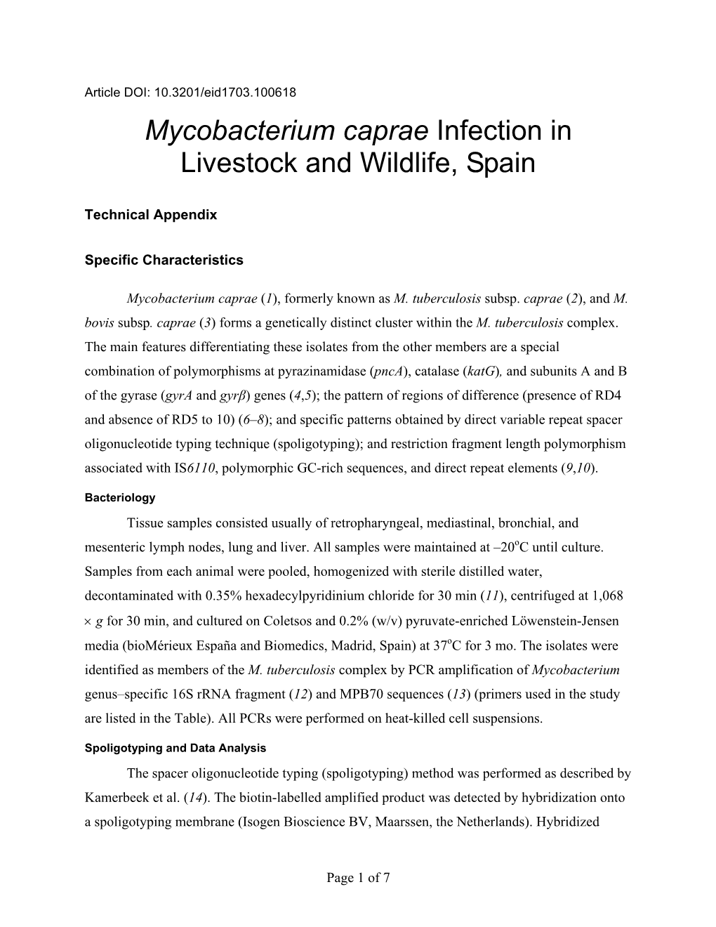 Mycobacterium Caprae Infection in Livestock and Wildlife, Spain